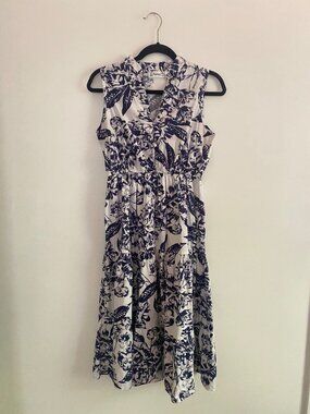 Lapogee Sleeveless White & Navy Floral Midi Dress 100% Cotton Size M